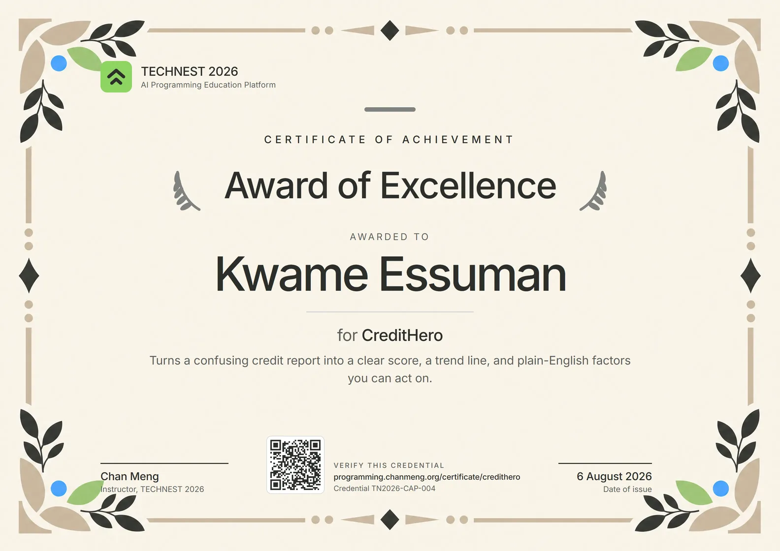 Award of Excellence certificate awarded to Kwame Essuman for CreditHero.