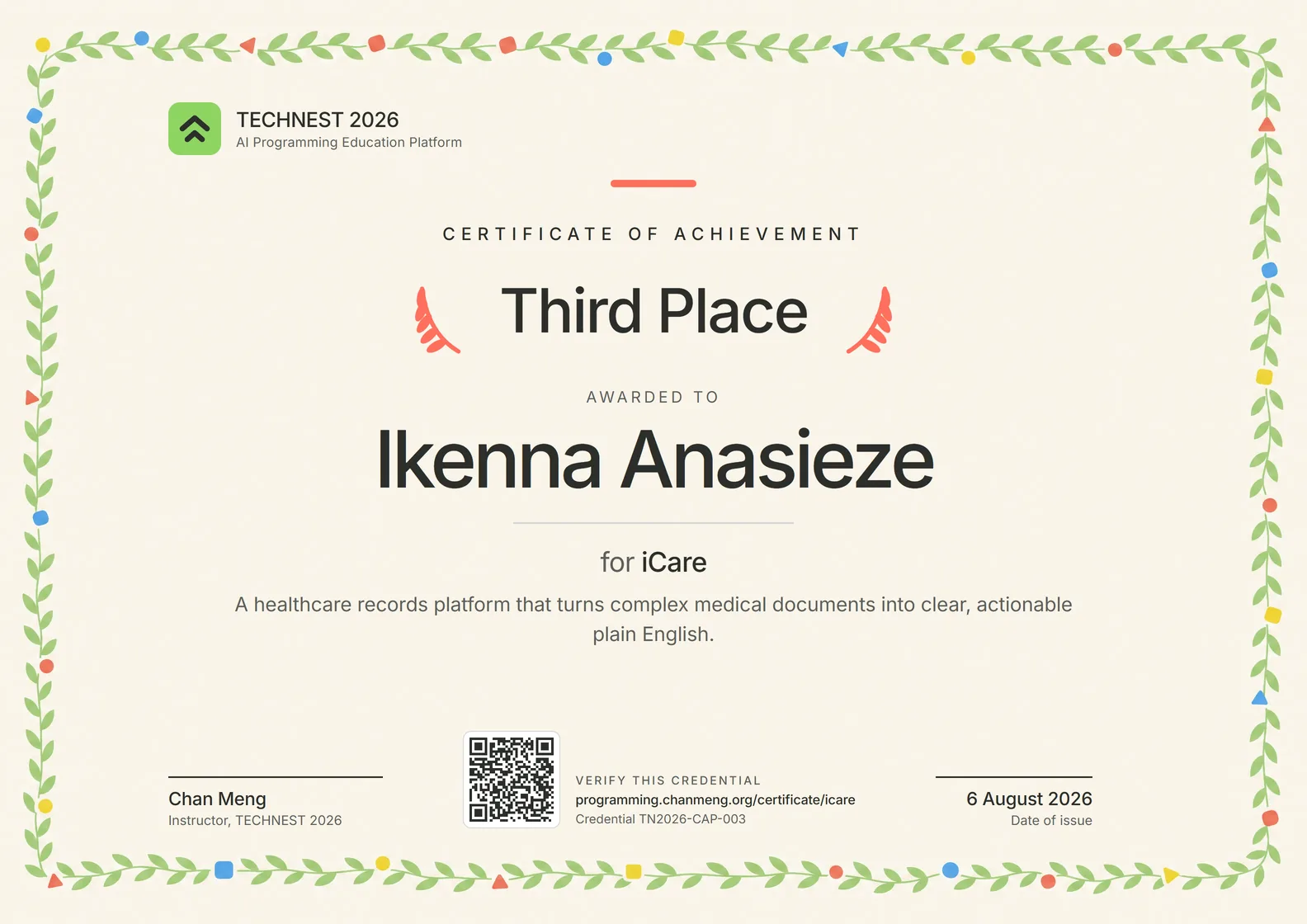 Certificate of achievement: Third Place awarded to Ikenna Anasieze for iCare, TECHNEST 2026 Capstone.