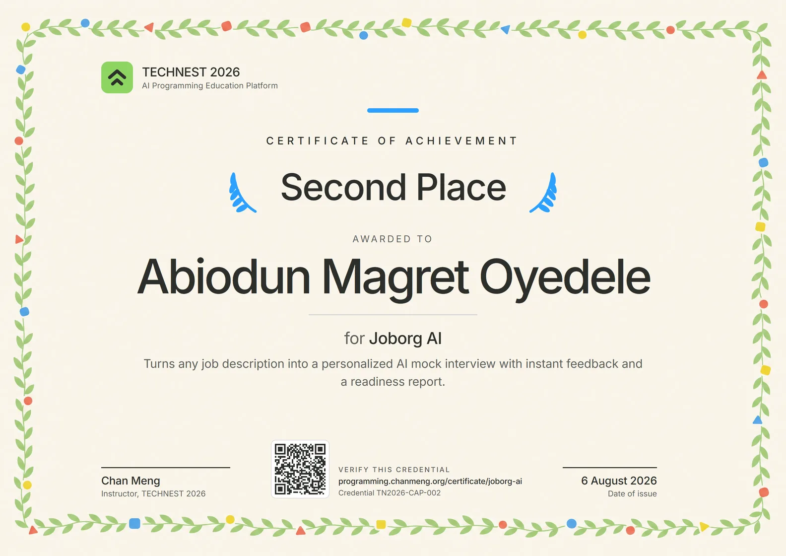 Certificate of achievement: Second Place awarded to Abiodun Magret Oyedele for Joborg AI, TECHNEST 2026 Capstone.