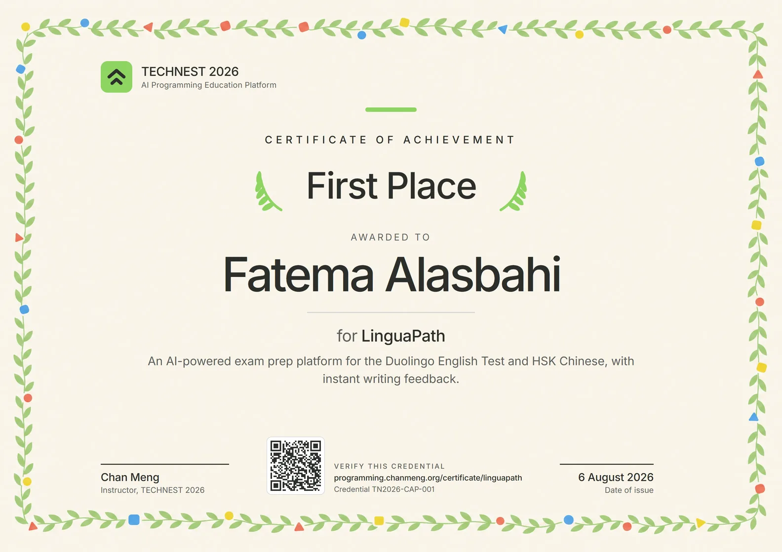 Certificate of achievement: First Place awarded to Fatema Alasbahi for LinguaPath, TECHNEST 2026 Capstone.